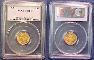 MS64 PCGS 1906 CORONET HEAD QUARTER EAGLE $2 1/2 DOLLAR US GOLD COIN