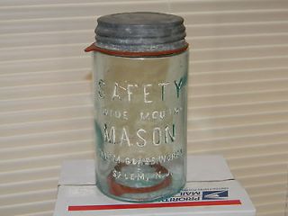   Rare WIDE MOUTH Safety QUART Mason Canning Fruit Jar SALEM N.J
