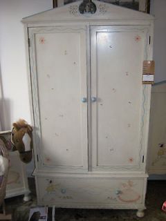 Vintage Hand Painted French Wooden Childs Baby Armoire Wardrobe