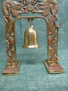 VINTAGE 7 ASIAN BRASS GONG BELL WITH ORNATE DRAGONS & HANGING BELL 