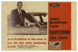 JACK BRABHAM FORD DEALER CAR VINTAGE TIN SIGN 20 x 30cm