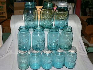 12 Vintage Antique Blue Ball Mason Quart Jars Glass Wedding Vases Zinc 