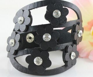   Crystal &Black Leather press button Cuff Bangle Bracelet BP099
