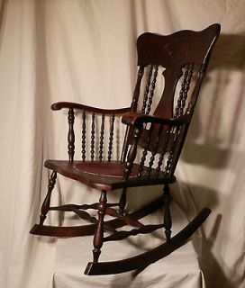   Victorian Gothic Mahogany Rocking Chair, Barley Twist, Leather Seat