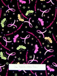 Fabric Love & Hope Breast Cancer Ribbon Butterfly Black QT Cotton YARD