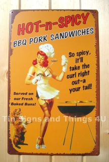 Hot n Spicy BBQ Pork Pinup TIN SIGN funny vtg metal decor bar & grill 