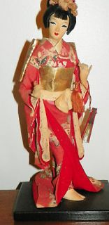 Vintage 12 tall NISHI Doll Japanese Oriental Doll on wood stand w 