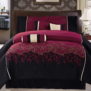 7PC Black Burgundy Peony Embroidery Comforter Set Bedding QUEEN Bed in 