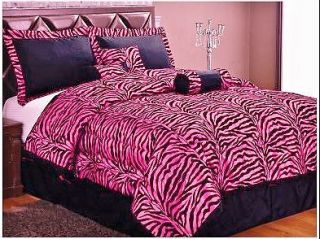   MicroSuede PINK/BLACK Zebra Striped Comforter/Drape/Sheet Set QUEEN sz