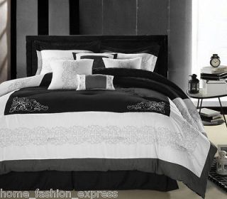   or California King 8 Piece Bedding Comforter Set White & Black NEW