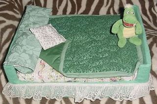 King Bed set Homemade Barbie size Furniture green dual frame w/Lace 