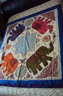 INDIAN Handmade Cotton Bedspread Embroidery Sequins Applique Elephants 