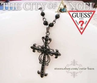 GUESS Vintage Hematite Black Cross in Beads Necklace