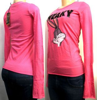 Womens BEJEWELED pink T shirt size XS bugs bunny sneaky rhinestones