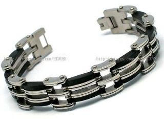   8mm Mens Box Silver/Black Stainless Steel Link Bracelet Bangle 8 inch