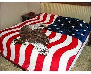   Queen Size Fleece Blanket 79x95 Bald Eagle American Flag Red White