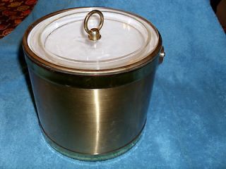   Briard, Signed, gold colored ice Bucket w/ Brass ice tongs, Bar