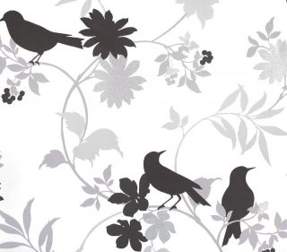 BIRD SILHOUETTE ON WHITE WITH GREY, SILVER, BLACK, BRANCHES WALLPAPER 