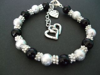 Stunning Black Glass Pearl and Silver Bracelet   Change Charm To 
