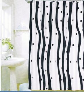 BLACK WAVES & DOTS on WHITE FABRIC SHOWER CURTAIN SET ~ MATCHING 