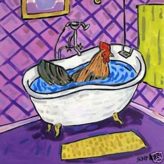Chicken taking a bath bird art tile coaster