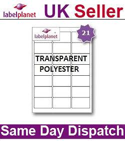 21 Per Page Blank Transparent Polyester Waterproof A4 Clear Labels 