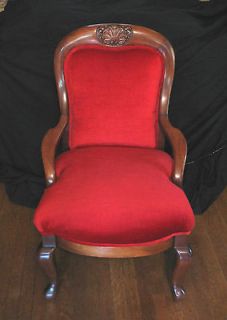   VICTORIAN PARLOR CHAIR     CARVED WALNUT     RED VELVET     GORGEOUS
