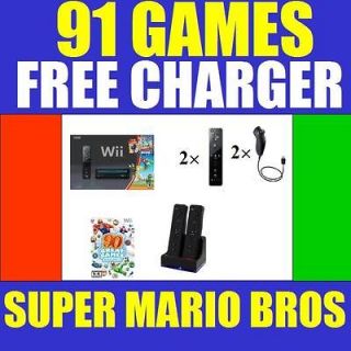 Black WII NINTENDO CONSOLE SYSTEM W Super Mario Brother 91 GAMES 2 