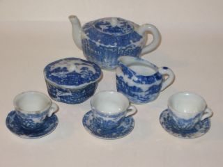 Antique Vintage Childs Blue Willow China Tea Set ♥ 11 pc