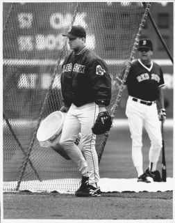 1997 Brian Rose Boston Red Sox carrying bucket of baseballs before 