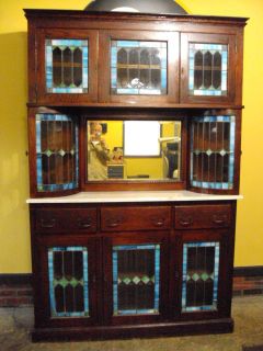 Antique Stained Glass Oak Back Bar, Cabinet, Hutch