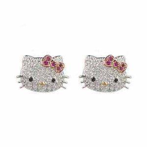   Silver Plated Hello Kitty Crystal CZ Stud Earrings w/ pink bow