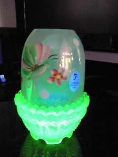 FENTON ART Glass FAIRY LIGHT LAMP Butterfly Vaseline Green Handpainted 