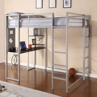 Abode Full Size Loft Bed with Black Desk and Shelves in Silver 