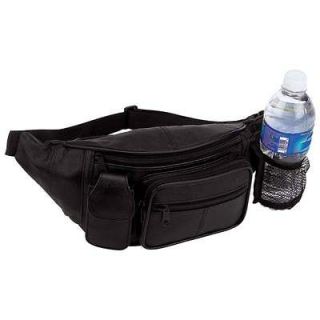 Black Solid Leather Waist Fanny Pack Travel Belt Bag Mesh Pocket 