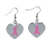 Pink Ribbon Metal Heart Dangle Earrings   Breast Cancer Awareness