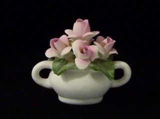   Miniature CAPODIMONTE Vase with Pink Roses Flowers Signed ITALY