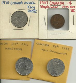 1931 Canada Nickel; 1947 Canada 1c, 1992 Canada 25c Manitoba; 1992 N 