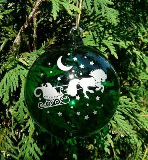  Blown Glass Ornament Horse Drawn Santa Sleigh Moon & Stars Green 31/4
