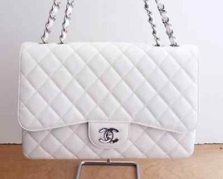 Chanel Jumbo White classic caviar leather bag handbag Silver CC flap 