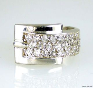 Natural White Topaz Pavee set in Buckle design Ring 925 SS Sterling 