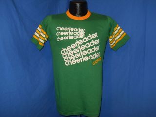 vintage 80S CHEERLEADER CAMP GREEN YELLOW STRIPED RINGER CHEER SOFT t 