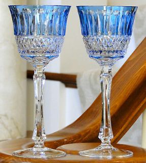 PAIR of FABERGE XENIA WINE GLASSES GOBLETS AZZURO BLUE, CASED CLEAR 