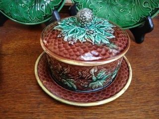   English Majolica Covered Butter Cheese Dish Bowl Basket 19th Century