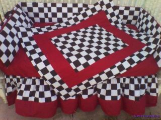   /white Checkered Flag racing Crib Bedding Set w/ red accent fabric