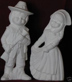 Ceramic Bisque Boy and Girl Pilgrim Set Kimple Mold 1972 U Paint Ready 