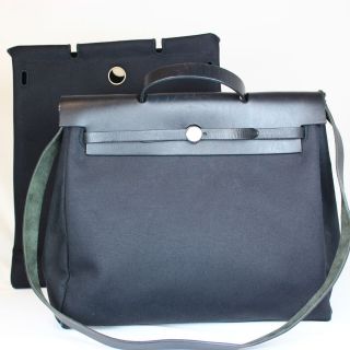 HERMES Herbag MM 2 in 1 Leather and Canvas Black 2Way Hand Bag #9515