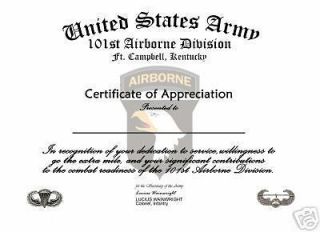 101st Airborne Certificate of Appreciation U.S. Army
