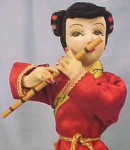 Exquisite Chinese Girl Doll Playing Flute Stockinette Face Vintage 