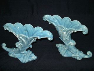 Vintage Royal Haeger Hickman R228 Cloudy Blue Cornucopia Vases set of 